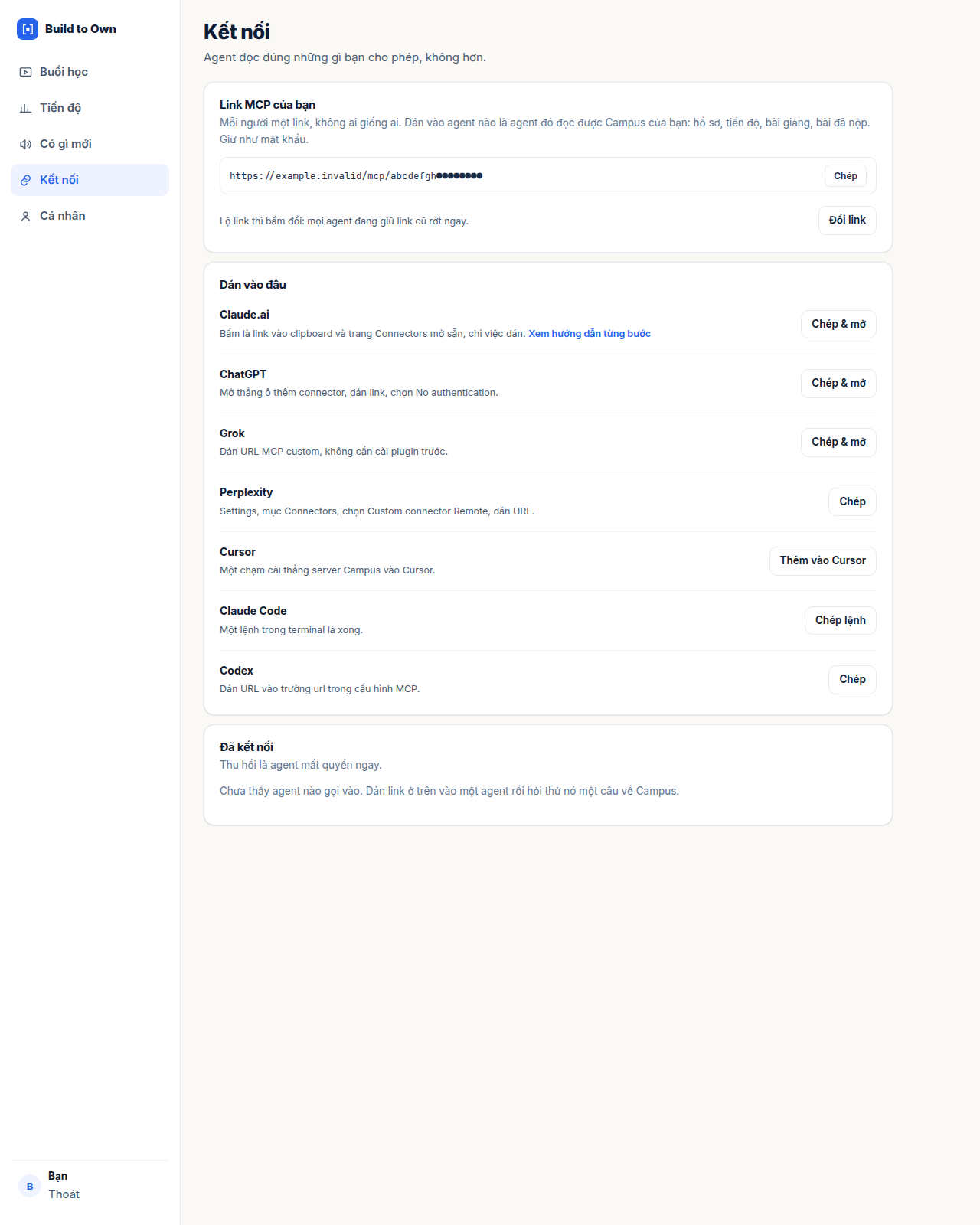 Tab Kết nối với URL MCP, các chỗ dán gồm Grok Perplexity Codex, và danh sách client kèm nút thu hồi